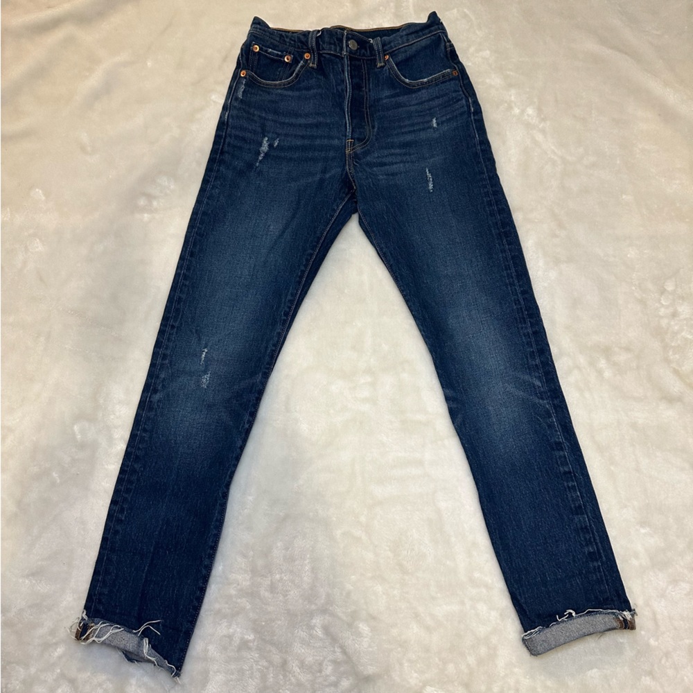 Levi's 501 Original Fit High Waist Distressed Raw Hem Dark Denim Jeans Size 25